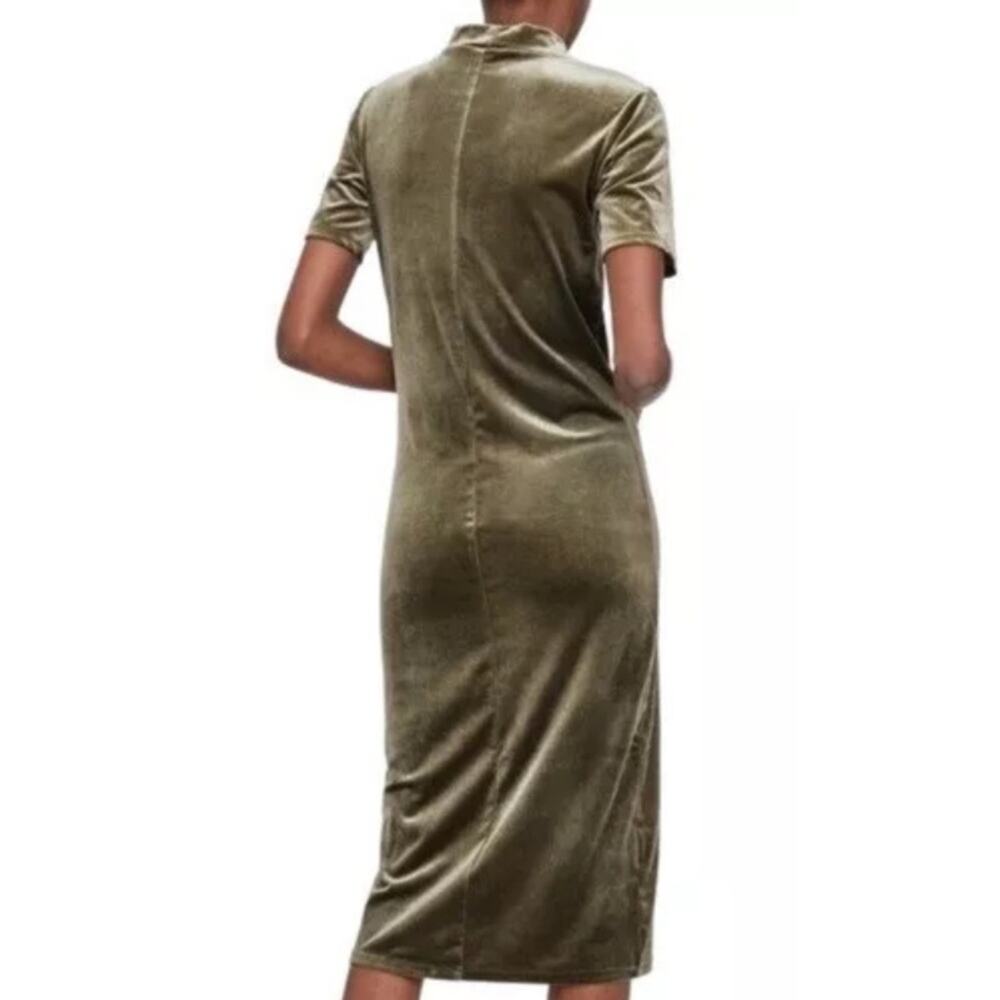 Zara Velvet Mock Neck Bodycon Midi Dress - Olive Green Size M - Picture 2 of 5